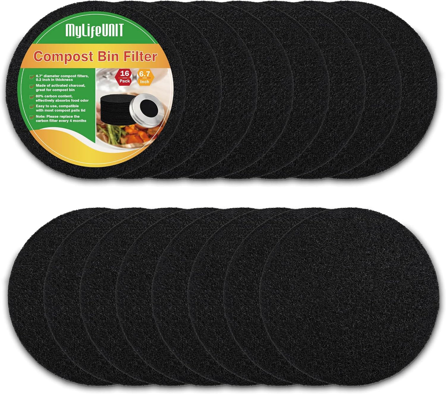 MyLifeUNIT 16 Pack Charcoal Filter for Compost Bin Kitchen, Compost Pail Replacements Filter (6.7 inches)
