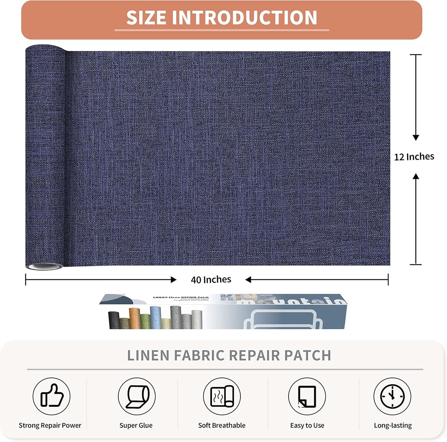 KING MOUNTAIN Fine Linen Repair Patches, 12" x 40" Dark Blue, 1.0, Self-Adhesive, Polyester, Rectangular, 1 Pack