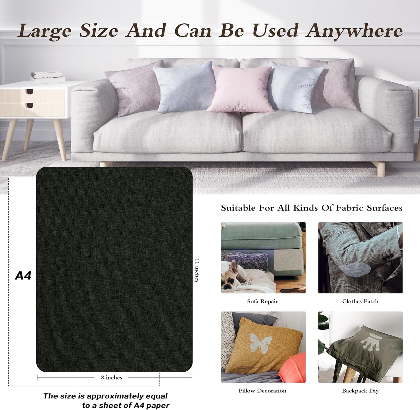 KING MOUNTAIN Fine Linen Repair Patches, Self-Adhesive Linen Fabric Patches, 8X11 inch Extra Size, Multi Color, Can be Used for Linen Sofa Repair and Linen Clothes Repair(Charcoal Black,8" x 11")