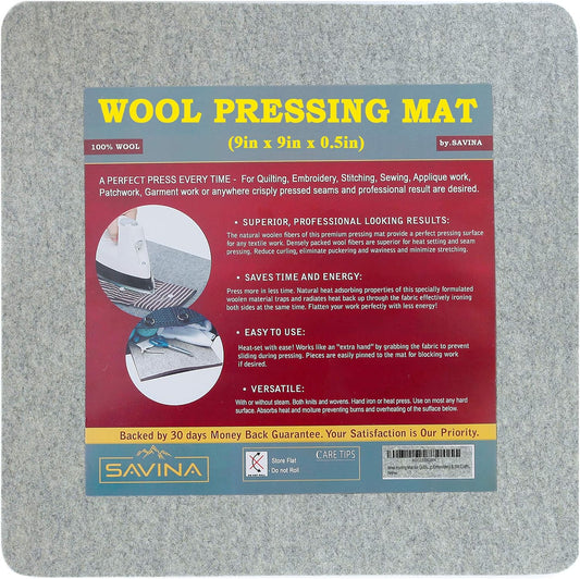 Wool Pressing Mat - 9" x 9" Quilting Ironing Pad - 100% New Zealand Felted Wool Iron Board for Quilters, Great for Quilting & Sewing Projects by Savina