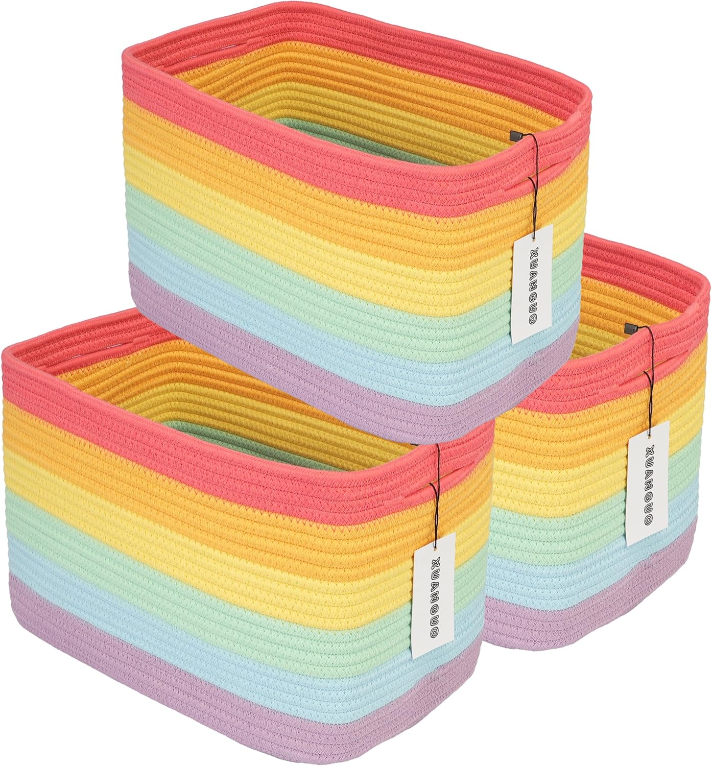 3-Pack Rainbow Storage Baskets 14.5X9.5X9.3“ – Woven Toy Organizer Bins for Kids, Baby Room, Nursery, and Classroom – Cute Square Rope Baskets for Shelves and Organization Rainbow