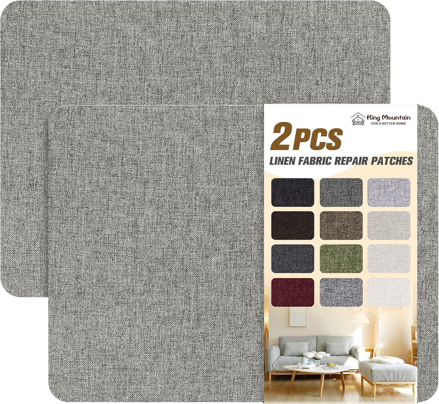 KING MOUNTAIN Fine Linen Fabric Patches, Self-Adhesive, 8x11 inch, 2 PCS, Multi Color, For Linen Sofa and Clothes Repair (Medium Grey, 8" x 11" - 2PCS)