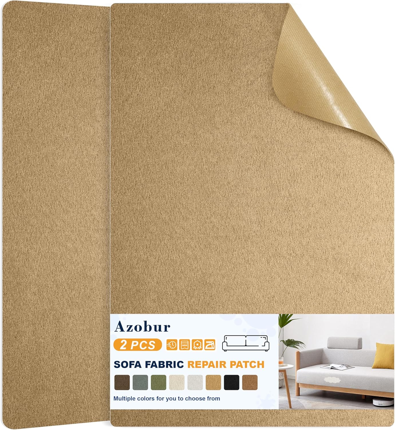 Azobur Couch Patch Repair Fabric,Microfiber Fabric, Self-Adhesive, for Sofa Repair and Upholstery, 2 Pieces, 9.5 x 11 inches (Light Brown)