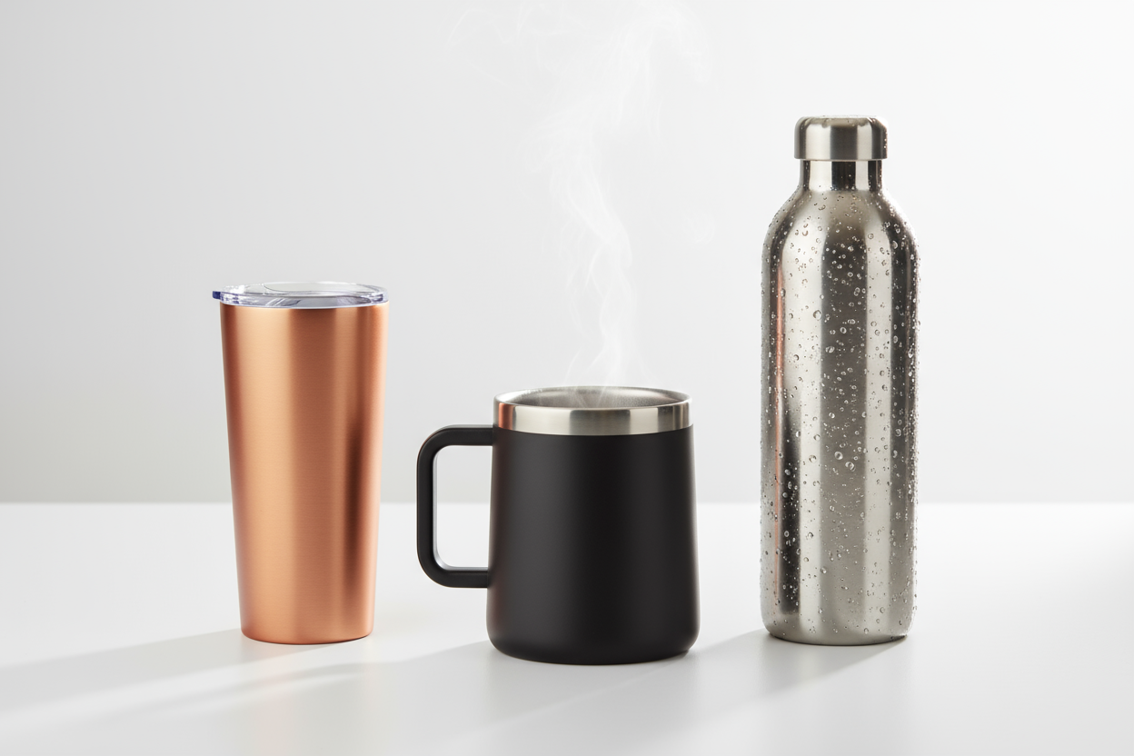 Insulated mugs, tumblers, and water bottles to keep drinks hot or cold on the go. (make it real photo)