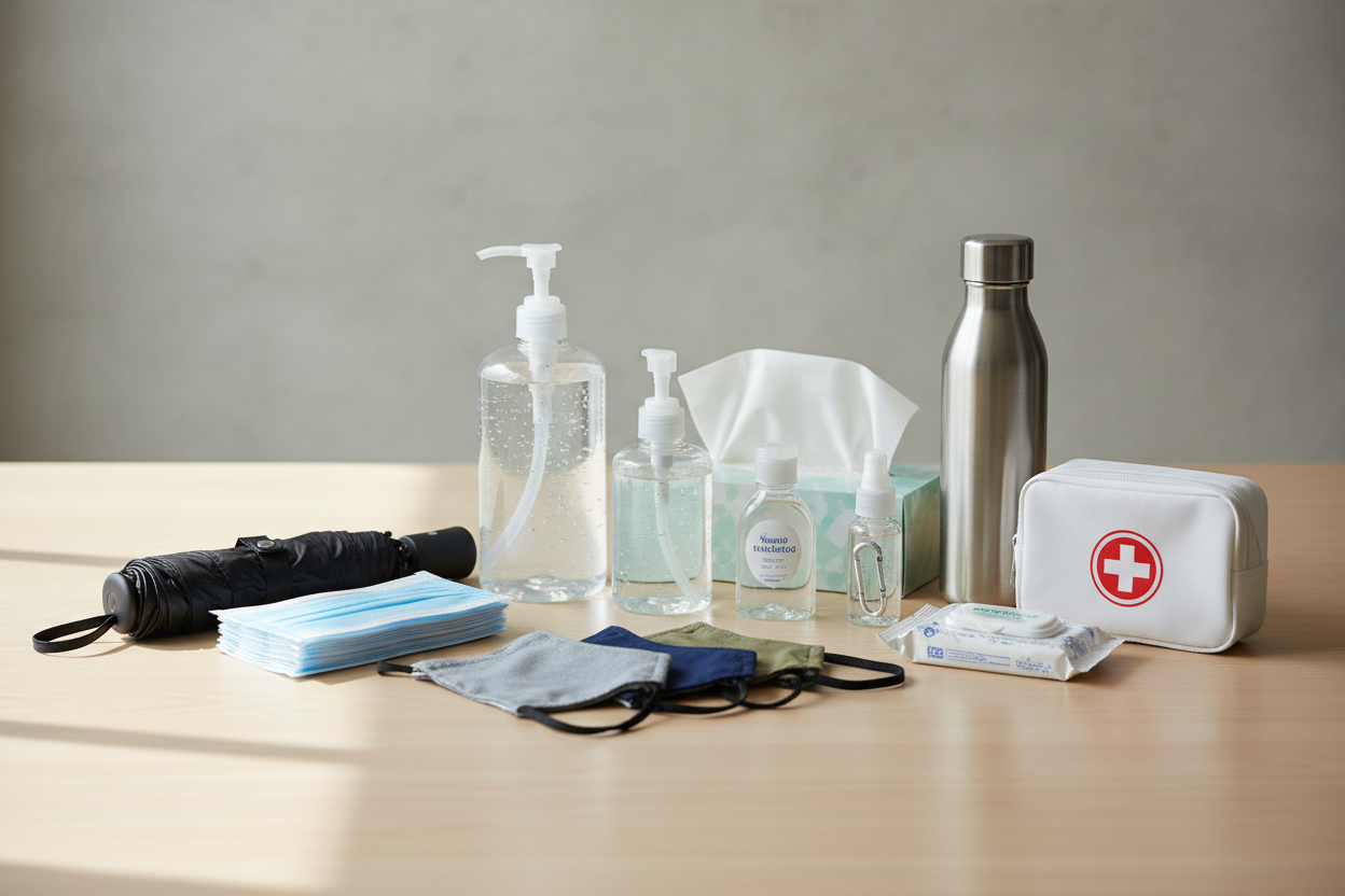 Items like umbrellas, face masks, hand sanitizers, and other essentials you need for everyday life. (make it real photo)