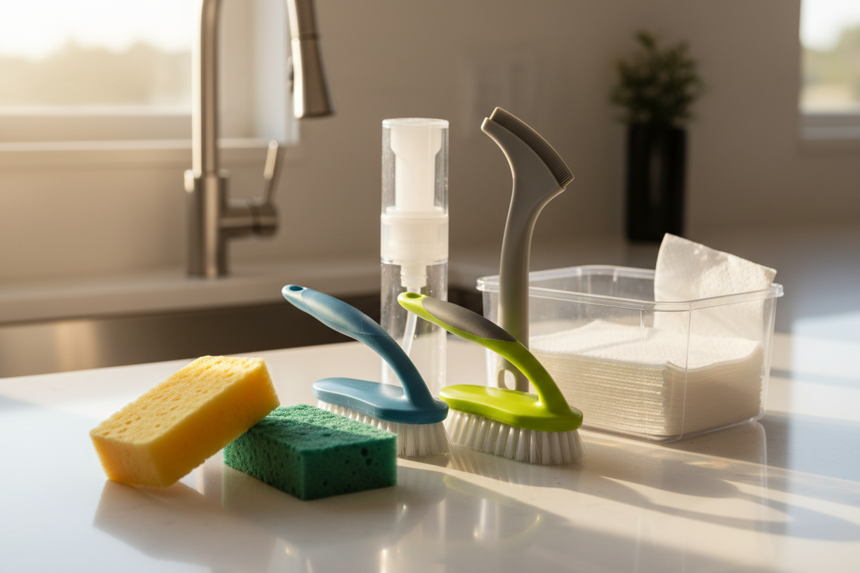 Sponges, brushes, dishwashing tools, and wipes that simplify chores. (make it real photo)