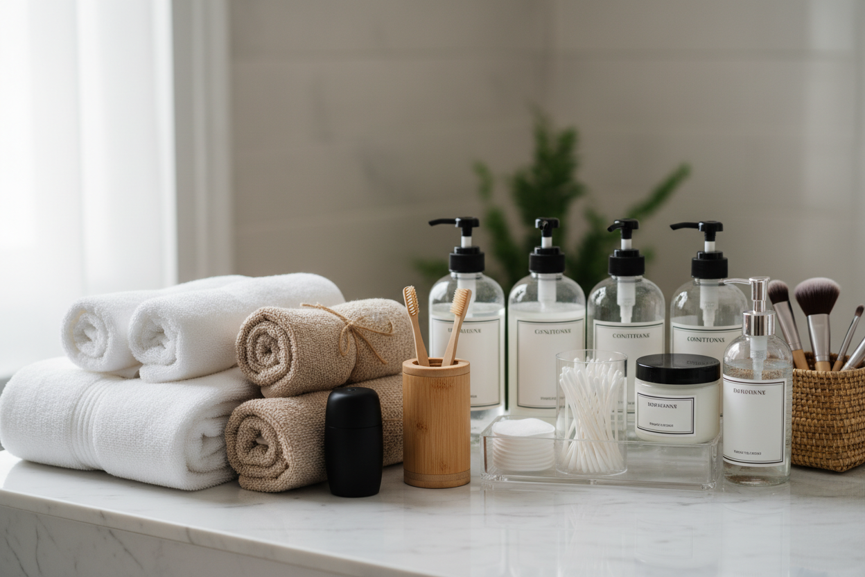 Towels, toiletries, organizers, and hygiene products. (make it real photo)